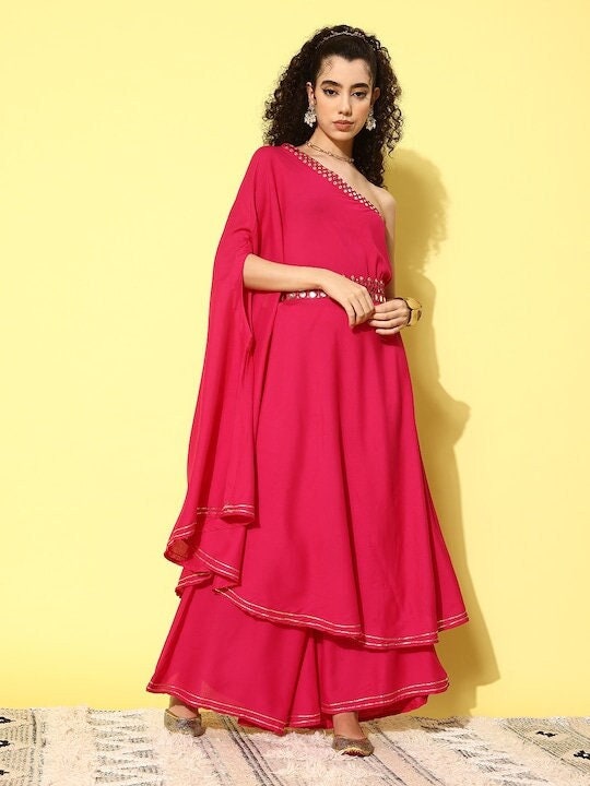 Mirror Work One Shoulder Kaftan Kurta With Palazzo For Women, Kurti Set For Women, Indian Suit Set, Indo Western Outfit, Fusion Indian Dress VitansEthnics