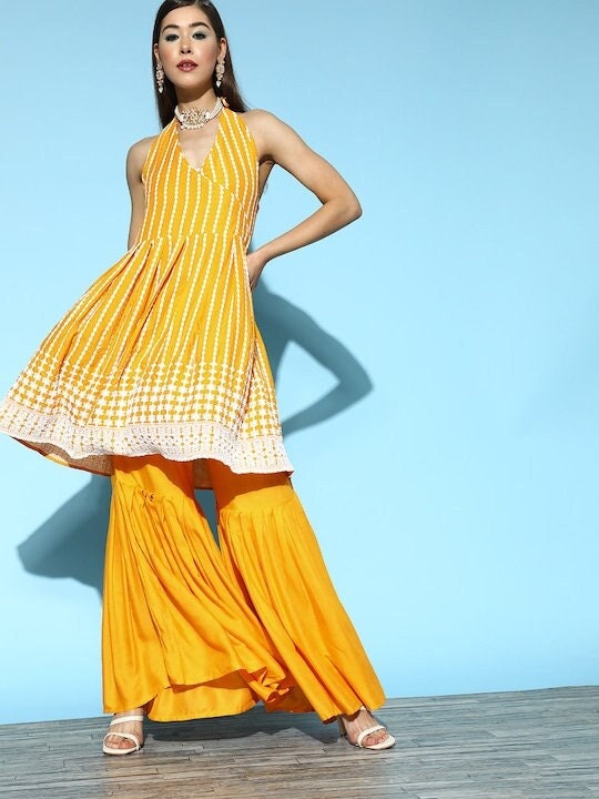 Halter Neck Kurta With Palazzo For Women, Kurti Set For Women, Indian Suit Set, Indo Western Outfit, Fusion Indian Dress, Haldi Outfit VitansEthnics