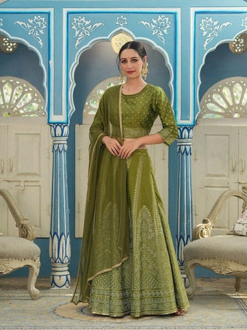 Green & Gold Toned Ready to Wear Lehenga Blouse With Dupatta, Indo Western Set for women, Indian Wedding Outfit, Lehenga Choli For Women VitansEthnics