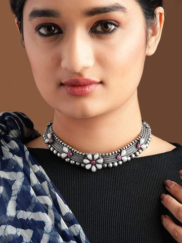 Oxidised Silver-Plated Floral Choker Necklace