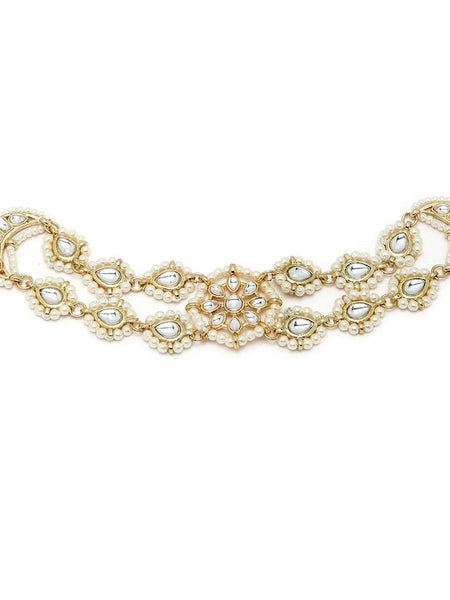 Gold Plated White Kundan Pearl Beaded Handcrafted Matha Patti, Headband For Women