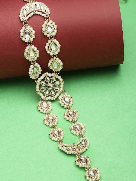 Gold Plated White Kundan Pearl Beaded Handcrafted Matha Patti, Headband For Women
