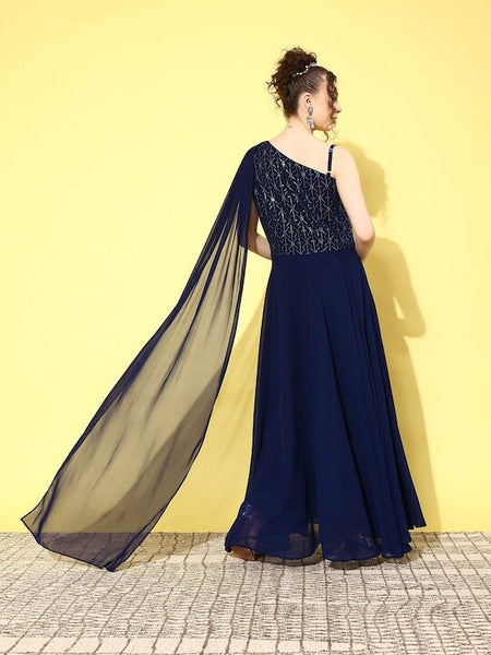 Embroidered One Shoulder Maxi Dress For Women, Ready to wear saree, Indo Western Dress, Saree Gown, Indian suit set, Wedding Wear outfit VitansEthnics