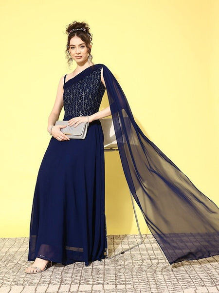 Embroidered One Shoulder Maxi Dress For Women, Ready to wear saree, Indo Western Dress, Saree Gown, Indian suit set, Wedding Wear outfit VitansEthnics