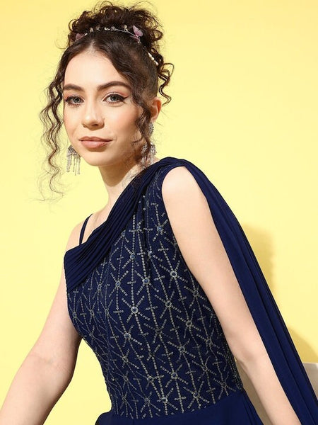 Embroidered One Shoulder Maxi Dress For Women, Ready to wear saree, Indo Western Dress, Saree Gown, Indian suit set, Wedding Wear outfit VitansEthnics
