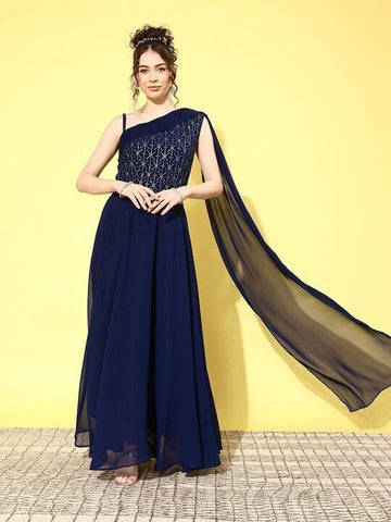 Embroidered One Shoulder Maxi Dress For Women, Ready to wear saree, Indo Western Dress, Saree Gown, Indian suit set, Wedding Wear outfit VitansEthnics