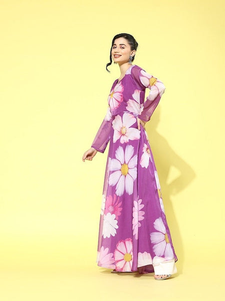 Floral Printed Organza Anarkali Kurta with Dupatta, Indo Western Ethnic Set for Women, Wedding Guest Outfit, Indian Gown Dress, Indian Suit VitansEthnics