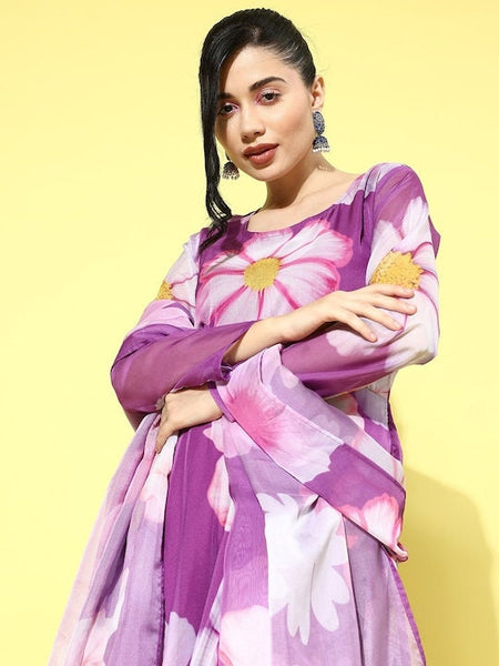 Floral Printed Organza Anarkali Kurta with Dupatta, Indo Western Ethnic Set for Women, Wedding Guest Outfit, Indian Gown Dress, Indian Suit VitansEthnics