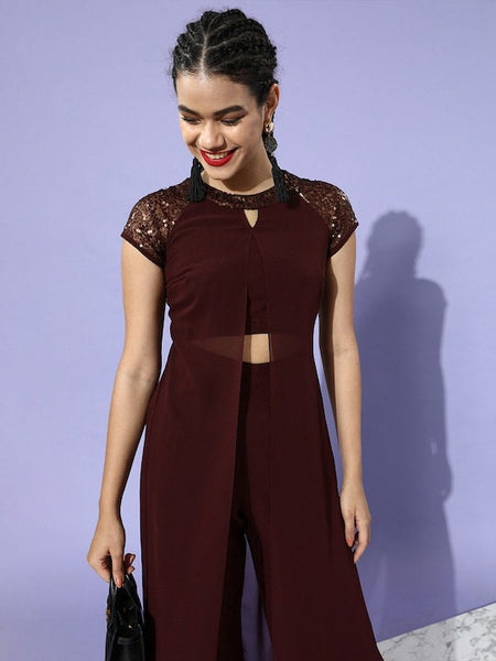 Charming Maroon Solid Bling and Sparkly Jumpsuit For Women, Indo Western Dress, Party Indian Dress, Jumpsuits, Fusion Wear For Women VitansEthnics