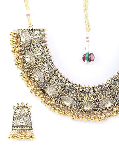 Oxidised Gold Plated Kundan Studded & Beaded Handcrafted Jewelry Set