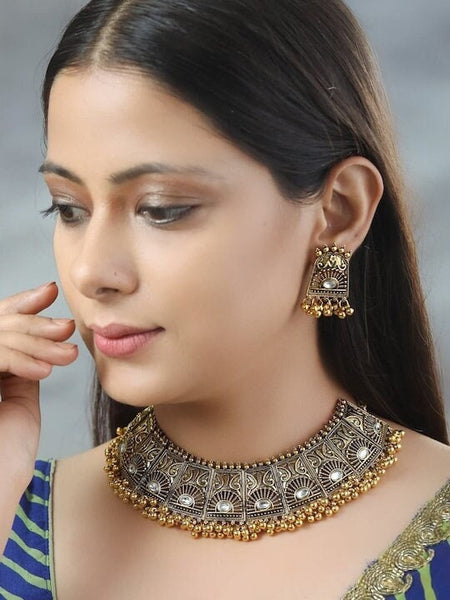 Oxidised Gold Plated Kundan Studded & Beaded Handcrafted Jewelry Set