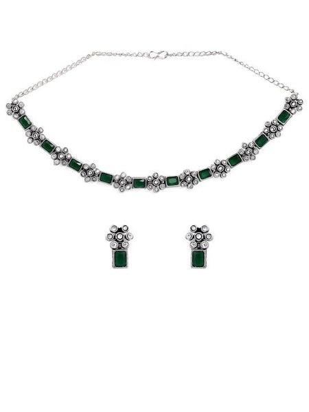 Oxidised Silver Plated Handcrafted Green Stone Floral Necklace Set