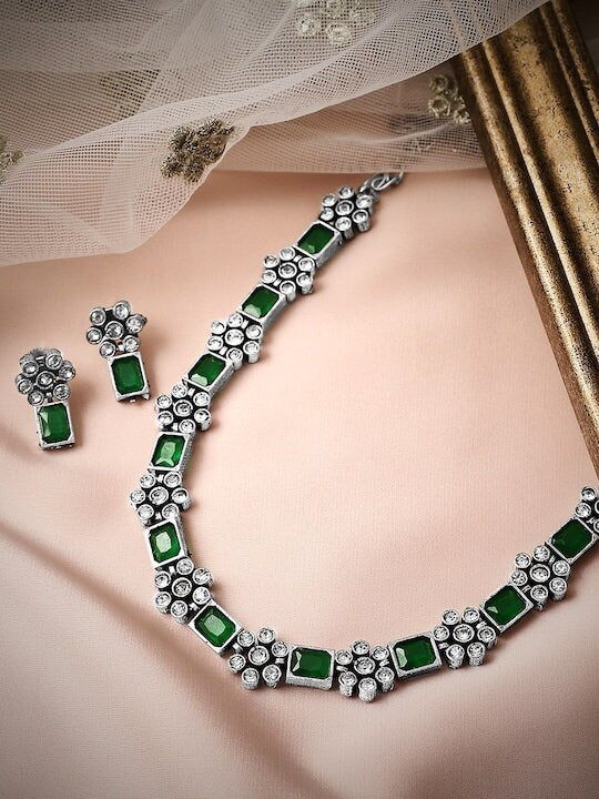 Oxidised Silver Plated Handcrafted Green Stone Floral Necklace Set