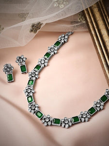 Oxidised Silver Plated Handcrafted Green Stone Floral Necklace Set