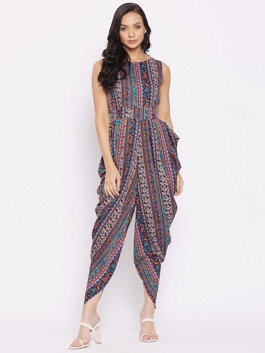 Designer Dhoti Jumpsuit For Women, Indo Western Outfit, Indian Dhoti Dress, Fusion Jumpsuit, Printed Indian Jumpsuit VitansEthnics