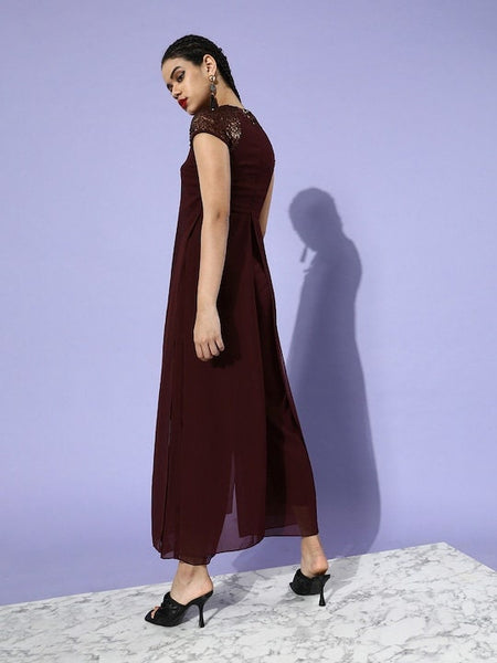 Charming Maroon Solid Bling and Sparkly Jumpsuit For Women, Indo Western Dress, Party Indian Dress, Jumpsuits, Fusion Wear For Women VitansEthnics