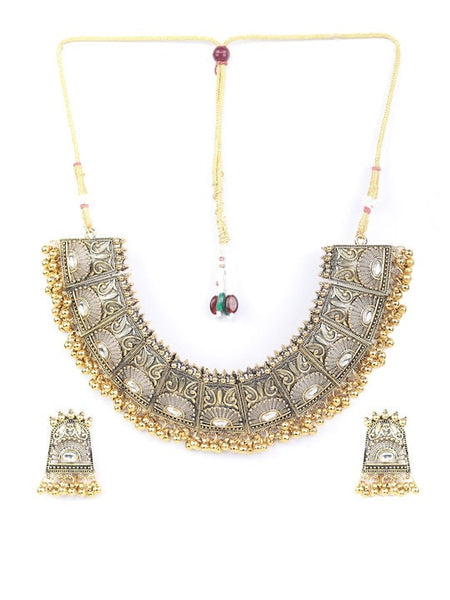 Oxidised Gold Plated Kundan Studded & Beaded Handcrafted Jewelry Set