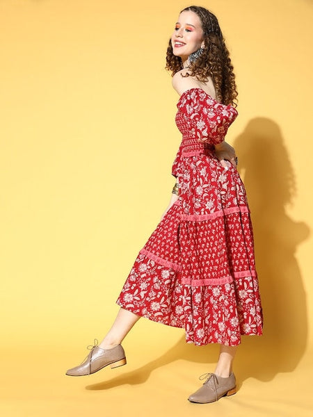 Floral Ethnic Pure Cotton Tiered Midi Dress For Women, Indo Western Dress, Indian Dress for women, Fusion Midi Dress, Off Shoulder Dress VitansEthnics