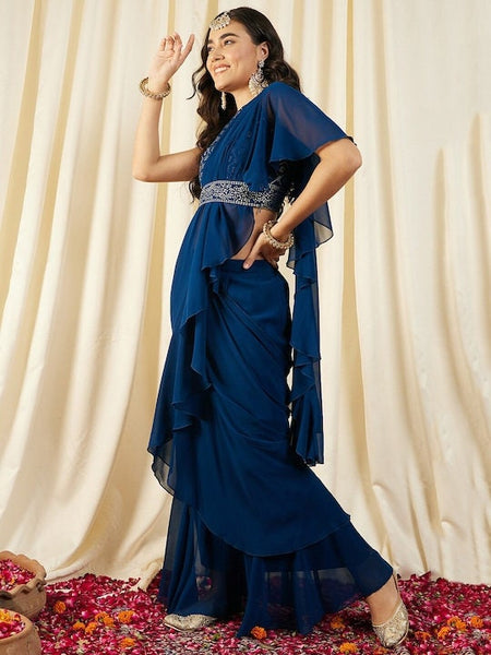Women Blouse with prestiched frill gown, Ready to wear saree, Indo Western Dress, Saree Gown set, Indian suit set, Wedding Wear outfit VitansEthnics