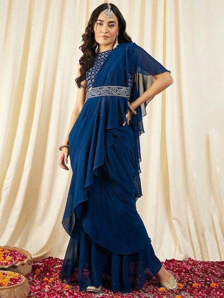 Women Blouse with prestiched frill gown, Ready to wear saree, Indo Western Dress, Saree Gown set, Indian suit set, Wedding Wear outfit VitansEthnics
