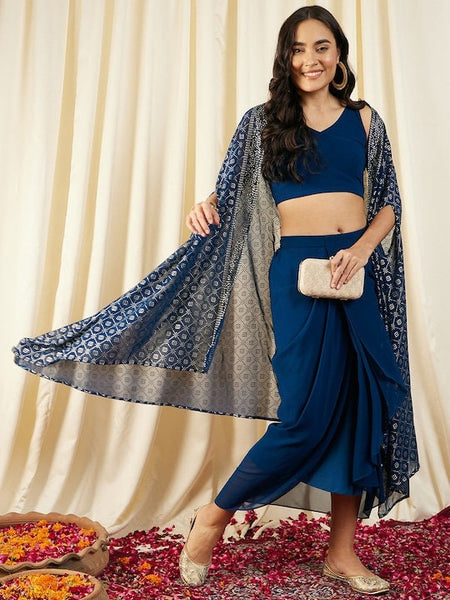 Women Crop Top With Draped Skirt And Shrug set, Indo Western Ethnic Set for women, Designer Party Wear Fusion Suit Set, Wedding Wear set VitansEthnics