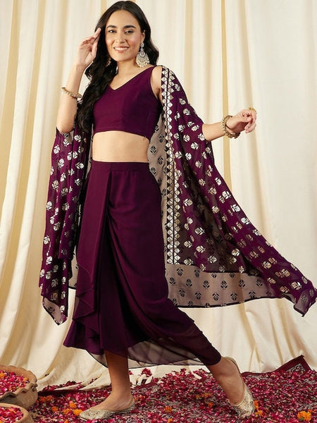 Women Crop Top With Draped Skirt And Shrug set, Indo Western Ethnic Set for women, Designer Party Wear Fusion Suit Set, Wedding Wear set VitansEthnics