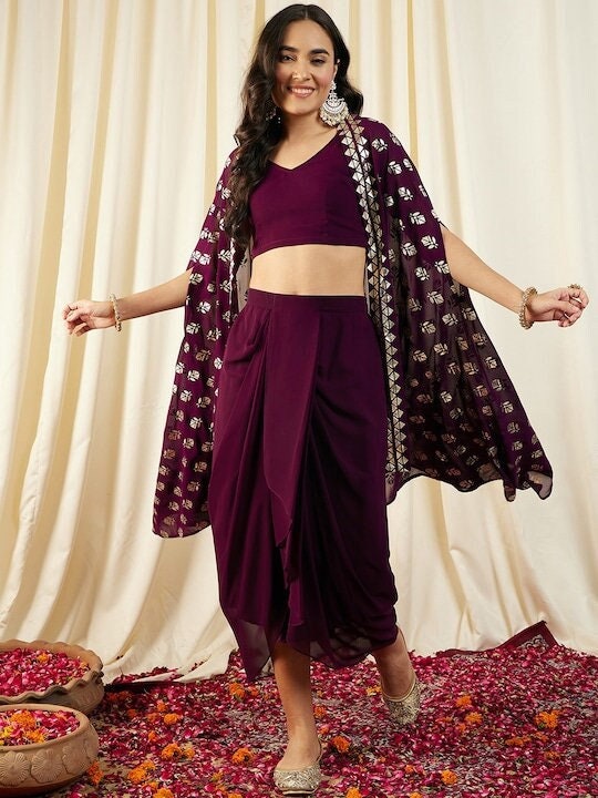 Women Crop Top With Draped Skirt And Shrug set, Indo Western Ethnic Set for women, Designer Party Wear Fusion Suit Set, Wedding Wear set VitansEthnics
