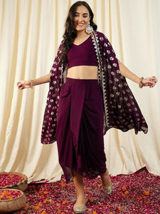 Women Crop Top With Draped Skirt And Shrug set, Indo Western Ethnic Set for women, Designer Party Wear Fusion Suit Set, Wedding Wear set VitansEthnics