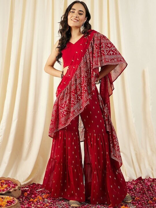 Printed Crop Top with Sharara & Attached Dupatta For Women, Ready to wear saree, Indo Western Dress, Pant saree set, Wedding Outfit VitansEthnics