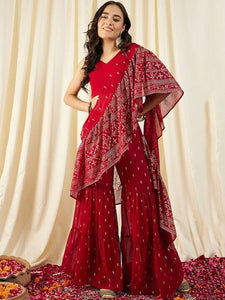 Printed Crop Top with Sharara & Attached Dupatta For Women, Ready to wear saree, Indo Western Dress, Pant saree set, Wedding Outfit VitansEthnics