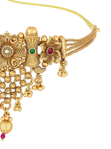 Gold-Plated Pink & Green Pearl Studded Temple Choker Jewelry Set