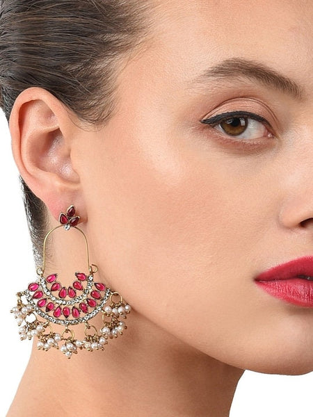 Gold-Plated Maroon And off White Contemporary Drop Earrings