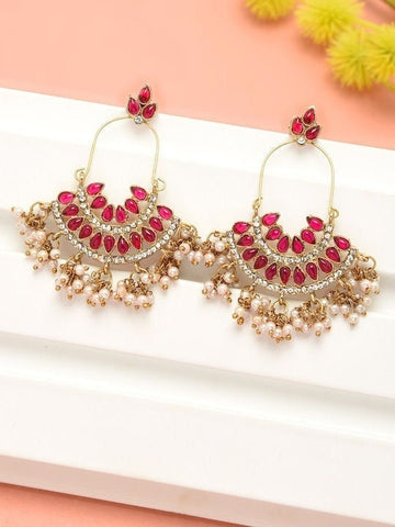 Gold-Plated Maroon And off White Contemporary Drop Earrings