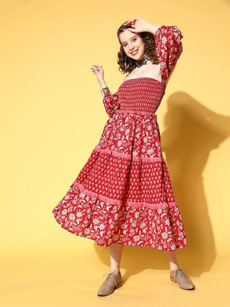 Floral Ethnic Pure Cotton Tiered Midi Dress For Women, Indo Western Dress, Indian Dress for women, Fusion Midi Dress, Off Shoulder Dress VitansEthnics
