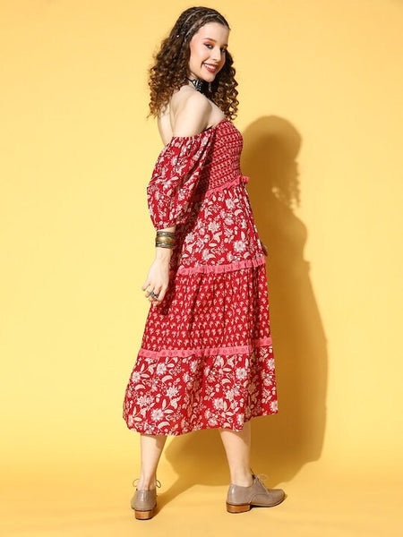 Floral Ethnic Pure Cotton Tiered Midi Dress For Women, Indo Western Dress, Indian Dress for women, Fusion Midi Dress, Off Shoulder Dress VitansEthnics
