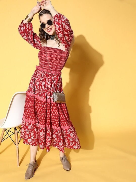Floral Ethnic Pure Cotton Tiered Midi Dress For Women, Indo Western Dress, Indian Dress for women, Fusion Midi Dress, Off Shoulder Dress VitansEthnics