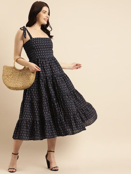 Floral Ethnic Pure Cotton Tiered Midi Dress For Women, Indo Western Dress, Indian Dress for women, Fusion Midi Dress, Sleeveless Dress VitansEthnics