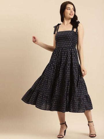 Floral Ethnic Pure Cotton Tiered Midi Dress For Women, Indo Western Dress, Indian Dress for women, Fusion Midi Dress, Sleeveless Dress VitansEthnics