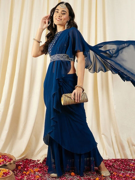 Women Blouse with prestiched frill gown, Ready to wear saree, Indo Western Dress, Saree Gown set, Indian suit set, Wedding Wear outfit VitansEthnics