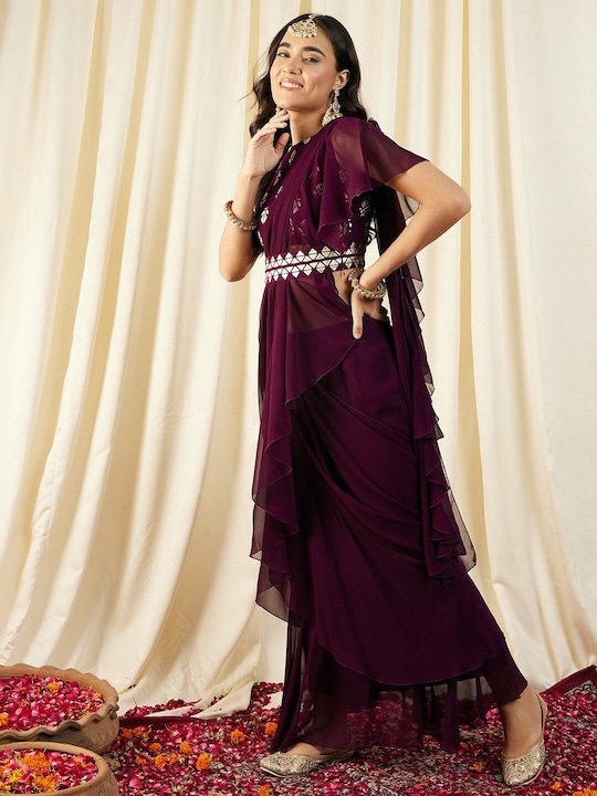 Jade By Ashima Beige One Shoulder Saree Gown | DateTheRamp