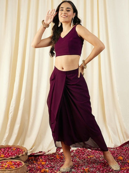 Women Crop Top With Draped Skirt And Shrug set, Indo Western Ethnic Set for women, Designer Party Wear Fusion Suit Set, Wedding Wear set VitansEthnics