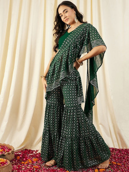 Printed Crop Top with Sharara & Attached Dupatta For Women, Ready to wear saree, Indo Western Dress, Pant saree set, Wedding Outfit VitansEthnics