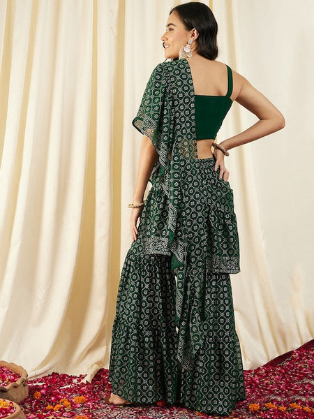 Printed Crop Top with Sharara & Attached Dupatta For Women, Ready to wear saree, Indo Western Dress, Pant saree set, Wedding Outfit VitansEthnics