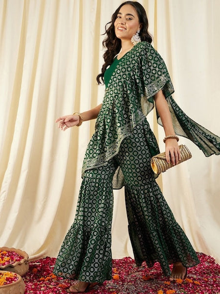 Printed Crop Top with Sharara & Attached Dupatta For Women, Ready to wear saree, Indo Western Dress, Pant saree set, Wedding Outfit VitansEthnics