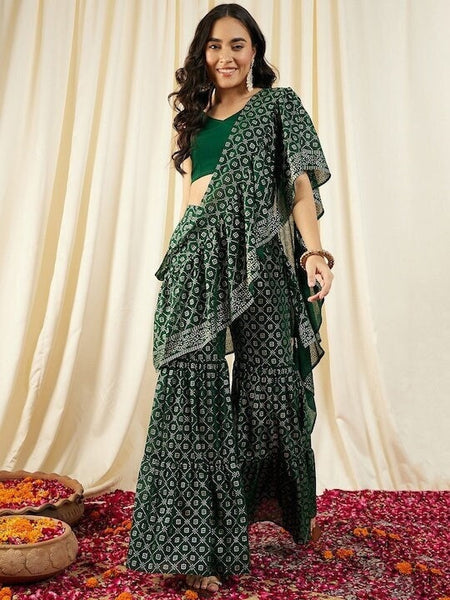 Printed Crop Top with Sharara & Attached Dupatta For Women, Ready to wear saree, Indo Western Dress, Pant saree set, Wedding Outfit VitansEthnics