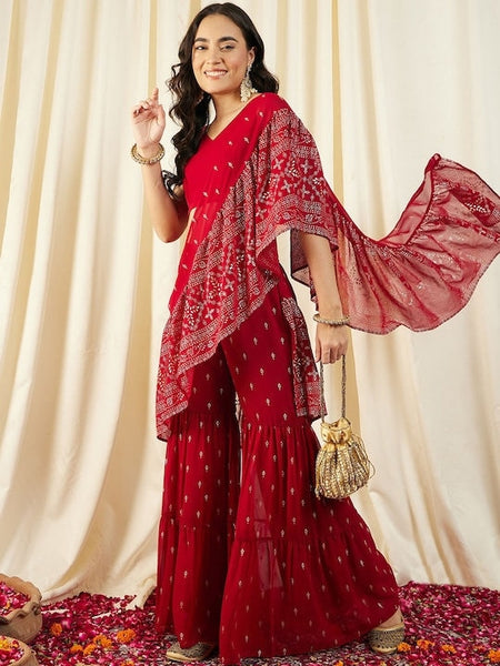 Printed Crop Top with Sharara & Attached Dupatta For Women, Ready to wear saree, Indo Western Dress, Pant saree set, Wedding Outfit VitansEthnics