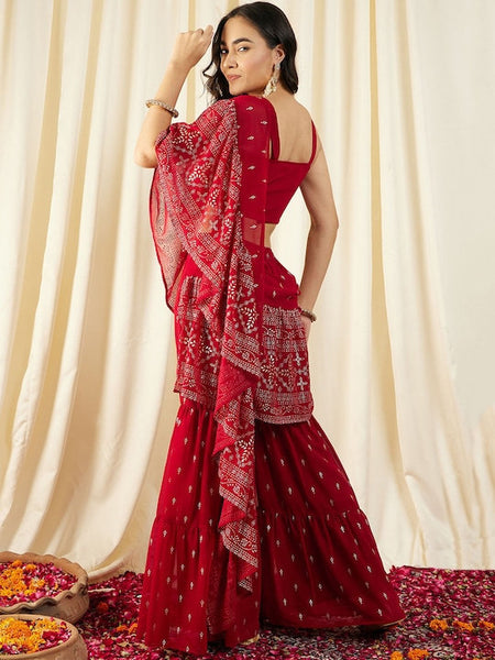 Printed Crop Top with Sharara & Attached Dupatta For Women, Ready to wear saree, Indo Western Dress, Pant saree set, Wedding Outfit VitansEthnics
