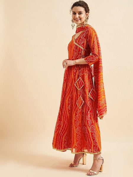 Bandhani Printed V-Neck Anarkali Ethnic Maxi Dress With Dupatta, Indo-Western Dress, Party Wear Indian Outfit, Anarkali, Wedding wear outfit VitansEthnics