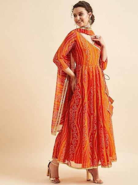 Bandhani Printed V-Neck Anarkali Ethnic Maxi Dress With Dupatta, Indo-Western Dress, Party Wear Indian Outfit, Anarkali, Wedding wear outfit VitansEthnics