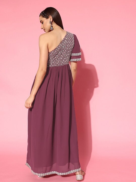 one side off shoulder indian dress Designer Embroidered One Shoulder Indian Dress For Women M / Grey